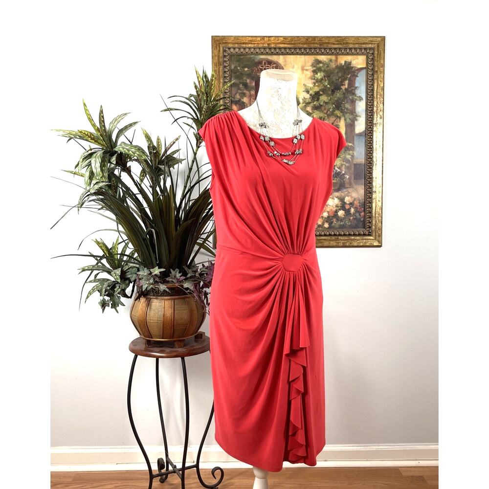 Black Label Evan-Picone Red Sheath Dress Size 10 Ruched Ruffle Cocktail Midi